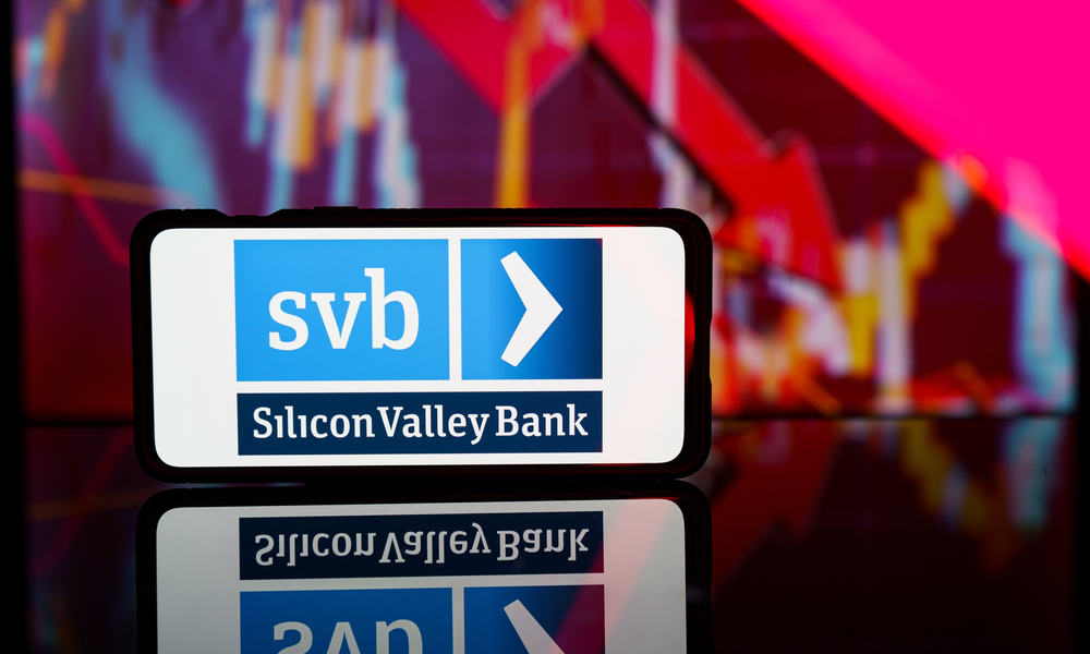 a phone showing an image of the Silicon Valley Bank logo